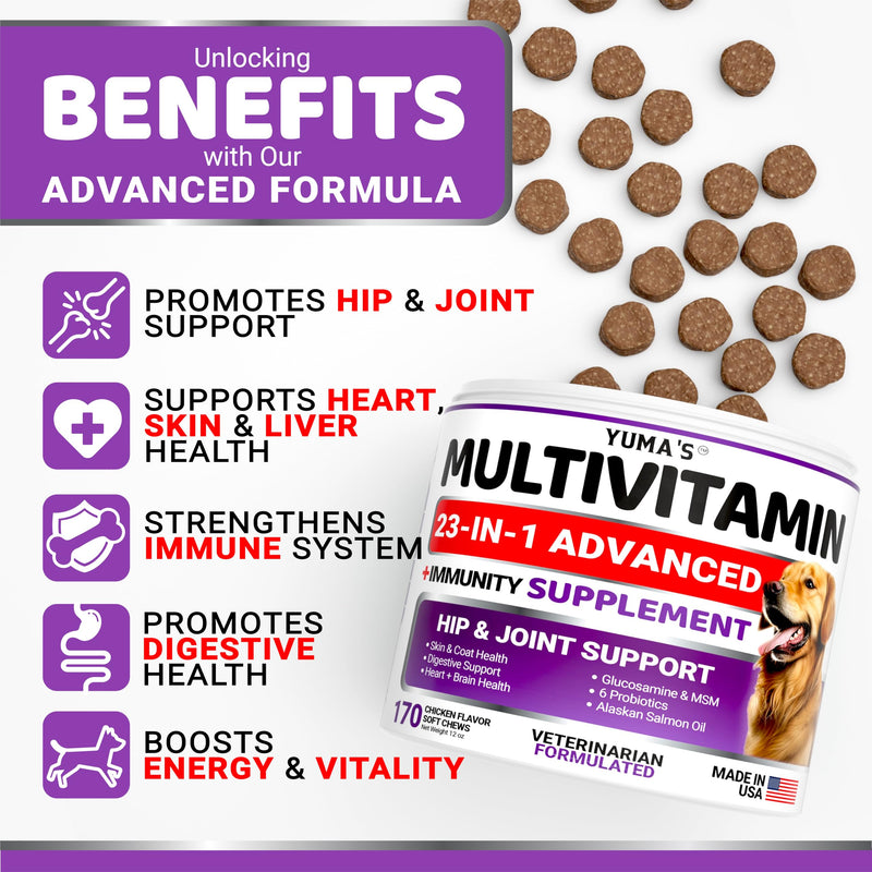 Dog Multivitamin Chewable with Glucosamine - Dog Vitamins and Supplements - 170 Treats - Senior & Puppy Multivitamin for Dogs - Hip & Joint Support - Immune Health, Skin, Heart, Digestion, Probiotics 170 Chews