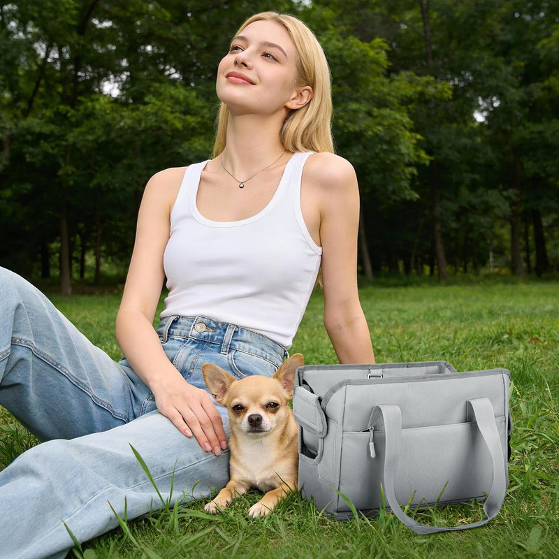 Dog Purse Carrier for Small Dogs Under 10 lbs with Pockets Adjustable Soft Sided Pad Extendable Dog Carriers Tote for Puppies with Safety Leash Clip for Travel Shopping (Dark Gray) Dark Gray