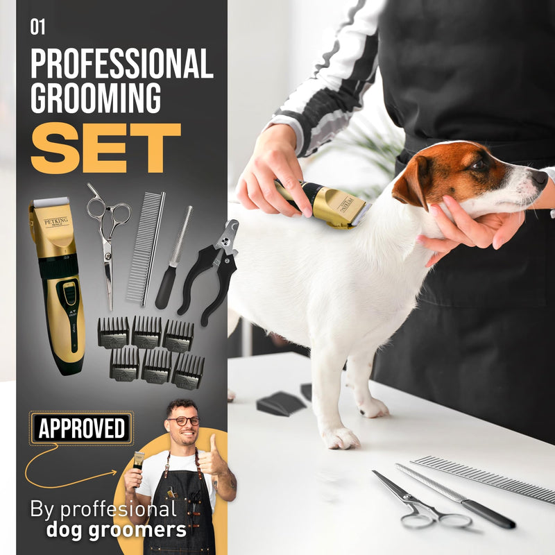PetKing Premium Dog Clippers Dog Grooming Kit Grooming Clippers Professional for Thick Hair Coats Pet Clippers Kit for Dogs Cats Pets Cordless Silent Dogs Hair Trimmer Clipper Shaver Set Low Noise Gold