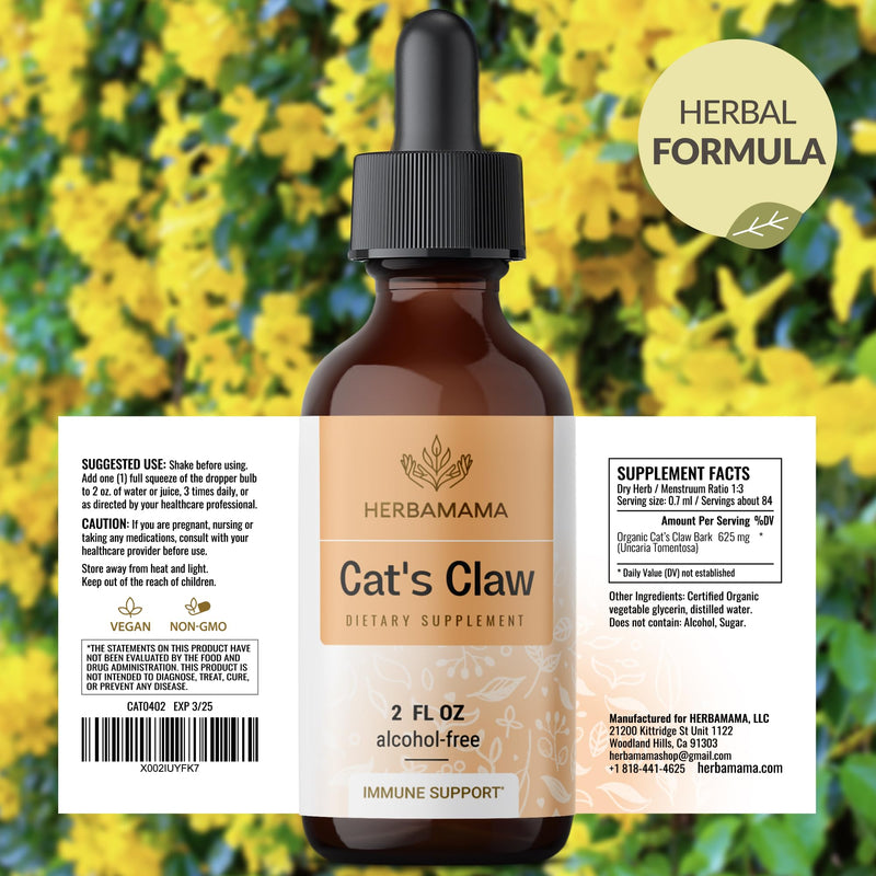 HERBAMAMA Cat's Claw Tincture - Vegan Cat's Claw Extract Supplement for Immune Support - Non-GMO, Alcohol & Sugar-Free Uncaria Tomentosa Drops 2 Fl Oz (Pack of 1) - PawsPlanet Australia