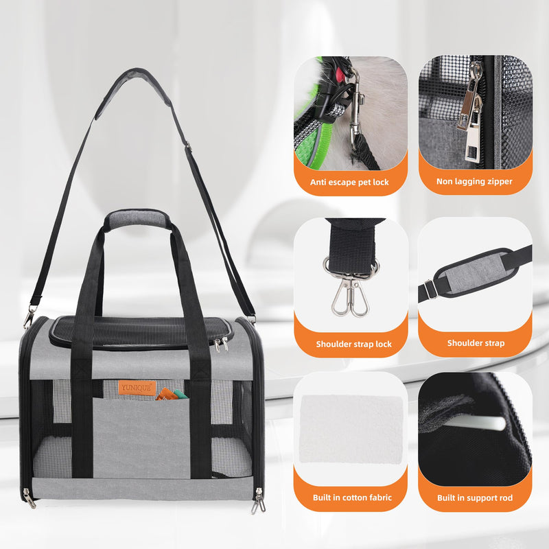YUNIQUE Soft-Sided Cat & Dog Carrier for Pets Up to 15 Lbs, Airline Approved Collapsible Travel Puppy Carrier with Lightweight Fabric Design (Grey) grey - PawsPlanet Australia