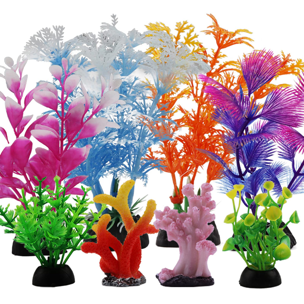 Fish Tank Decorations Plants with Resin Coral, 8 pcs Aquarium Decorations Small Plants Plastic, Fish Tank Accessories, Aquarium Decor