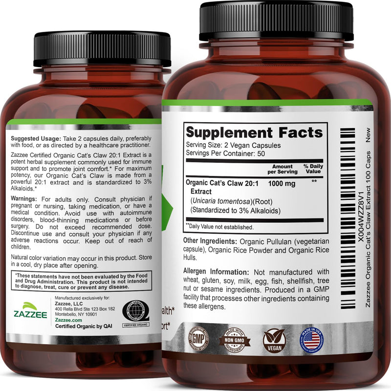 Zazzee USDA Organic Cat’s Claw 20:1 Extract, 1000 mg per Serving, 3% Alkaloids, 100 Vegan Capsules, Uncaria Tomentosa, Immune, Joint & Antioxidant Support, All-Natural, Non-GMO, Made in the USA - PawsPlanet Australia