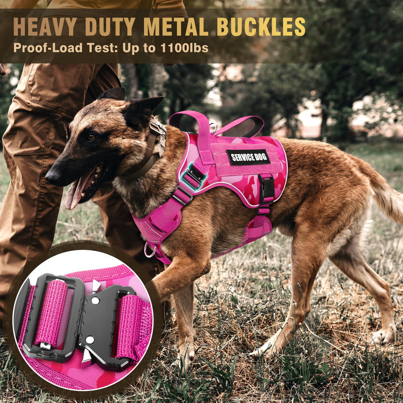 WINSEE Tactical Dog Harness for Medium Dog, Heavy Duty Service Working MOLLE Vest with 10 Pet Patches, 2X Metal Buckle Vest for Training Hunting Walking Camo Pink - PawsPlanet Australia