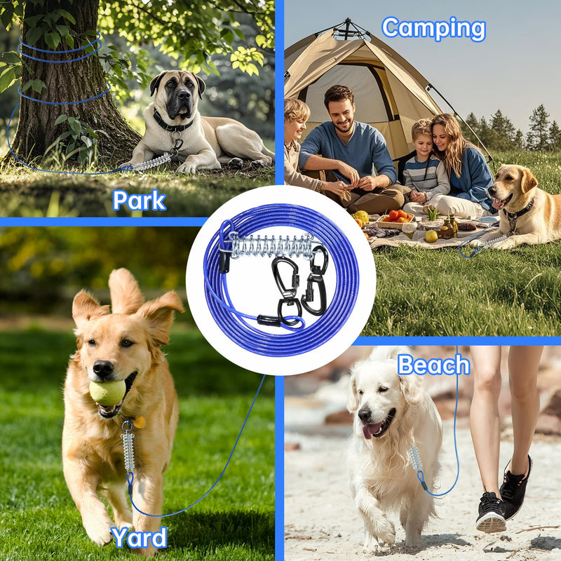 Dog Tie Out Cable,20FT Heavy Duty 4mm Outdoor Runner Cable with Shock Absorbing Spring and 360°Swivel Clips, Dogs Chain for Yard Training Running, Fit Medium Large Pets Up to 350lbs, Blue 20FT - PawsPlanet Australia
