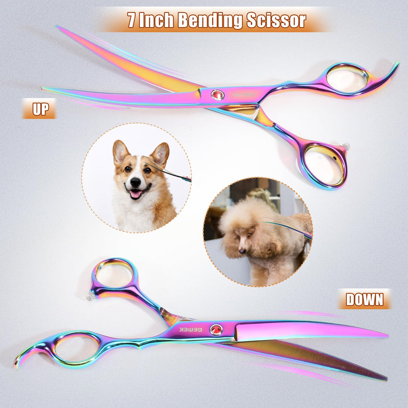 7.0in Titanium Professional Pet Grooming Scissors Set, GEMEK 6 in 1 Straight & Thinning & Upwards Curved & Downwards Curved Scissors & Comb for Dogs, Cats (Rainbow) Rainbow 6 in 1 7inch - PawsPlanet Australia