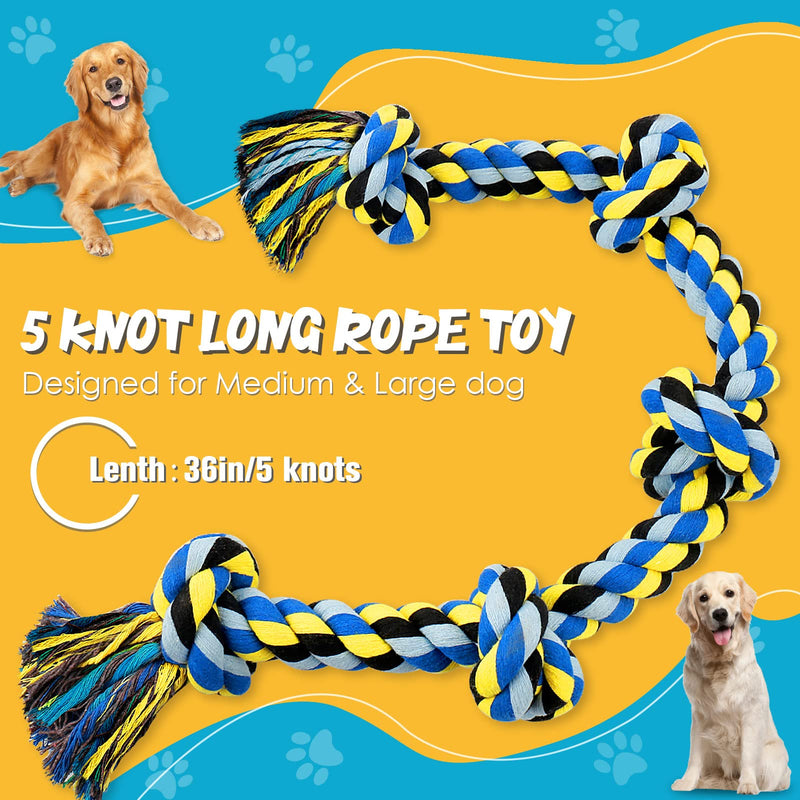 UPSKY Dog Rope Toy for Large Medium Dogs, Dog Chew Toy for Aggressive Chewers, Indestructible 3 Feet 5 Knots Rope Toy, Heavy Duty Tough Dog Toy,Interactive Tug of War Toy for Extra Large Dogs 1.Blue