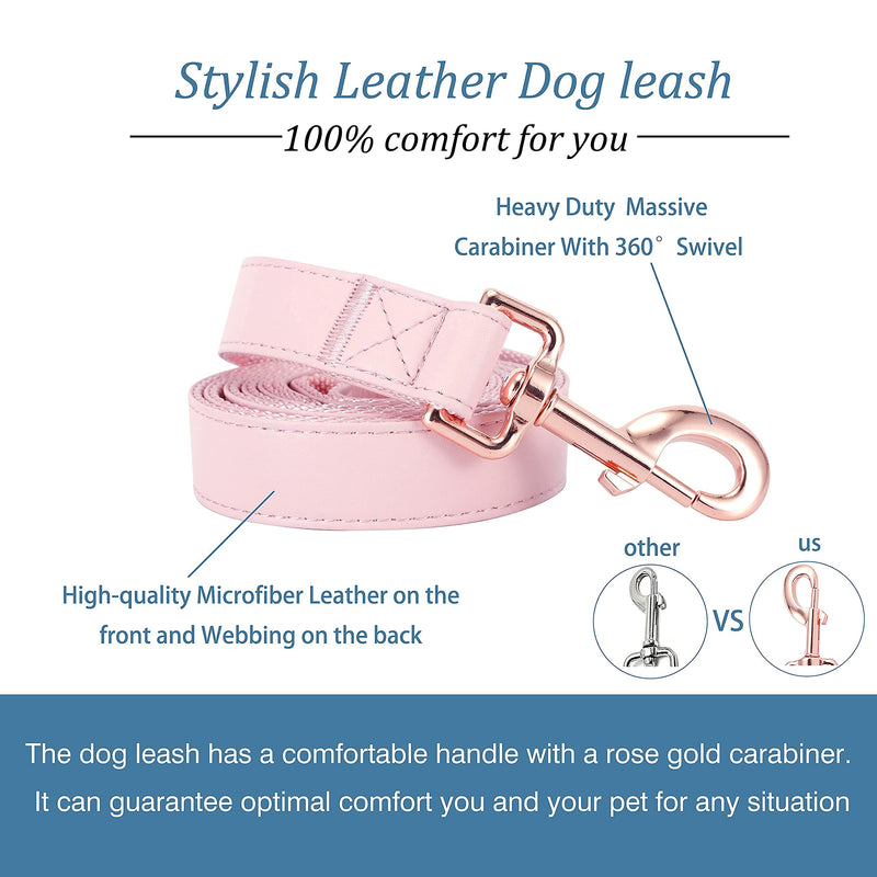 Dog Collar and Leash Set.Soft and Easy to Clean Vegan Leather with Rose Gold Metal Buckle for Small Medium Large Dogs (Pink, L(15.4”-24.8“) Pink L(15.4"-24.8"）