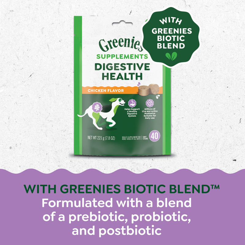 Greenies Supplements Digestive Health Probiotics for Dogs Chicken Flavor, 40 Count Soft Chews Dog Probiotics, 7.8 oz. Pouch - PawsPlanet Australia