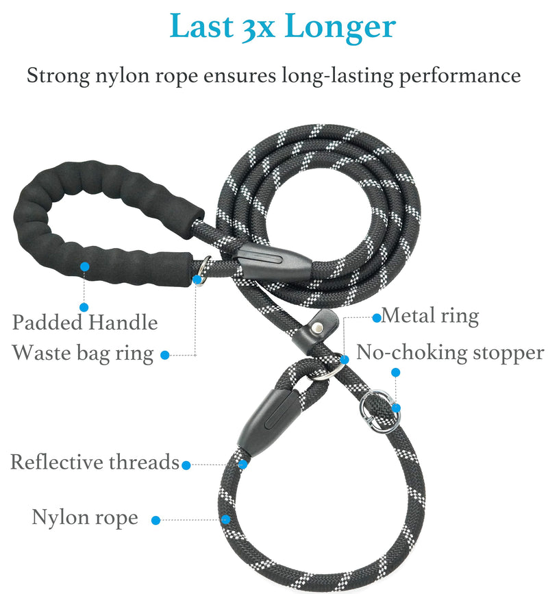 iYoShop Durable Slip Lead Dog Leash with Padded Handle and Highly Reflective Threads, No Pull Dog Training Leash, (1/2" x 6 FT, Black) 1/2" x 6 FT (35~120 lbs.) - PawsPlanet Australia