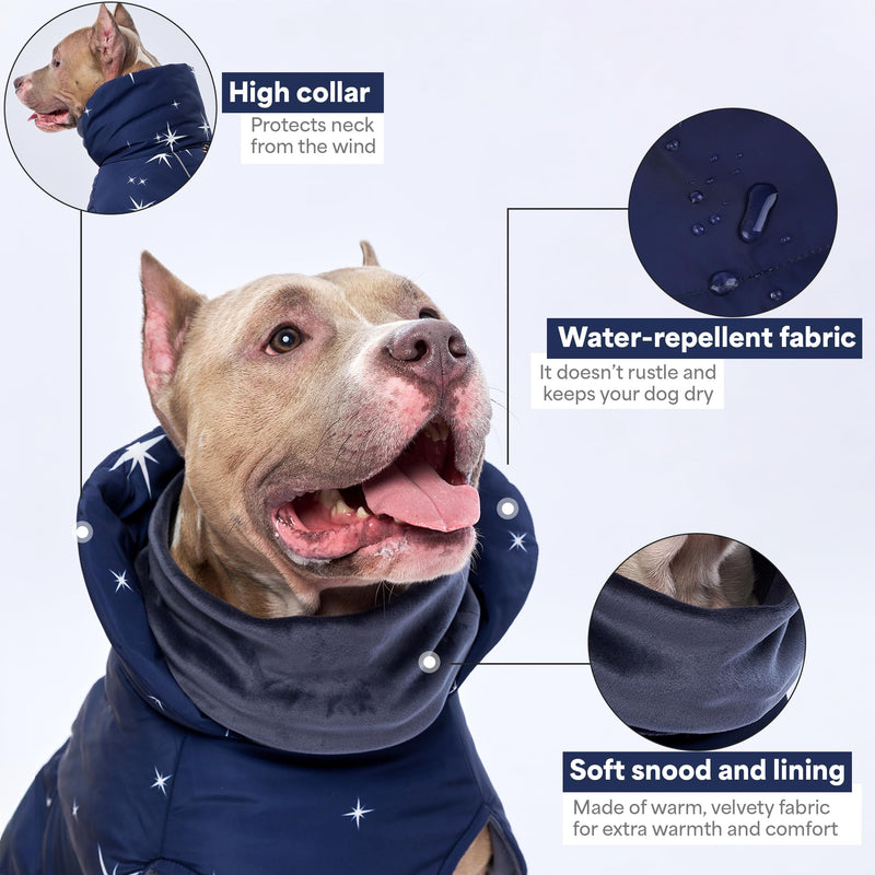 Winter Dog Vest for Medium Large Dogs 4XL – Lined Dog Coat with Quick Fastex Buckle, High Stand Collar with Collared Snood, Elastic Waist, Leash & Harness Opening (Chest 25.59–29.52”, Length 19.68”) 4XL: Chest 25.59-29.52'', Length 19.68''