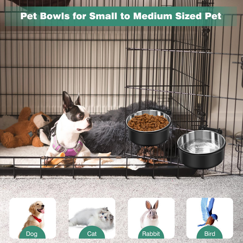 Dog Crate Water Bowl No Spill, 2 Pack Dog Crate Bowls Hanging, Kennel Water Food Bowls Mountable, Pet Cage Accessories Feeder Dish, Stainless Steel Coop Cup for Cat Puppy Bunny Guinea Pig Ferret Bird M(6.3*2.6'' & 5.5*2.4'') Black