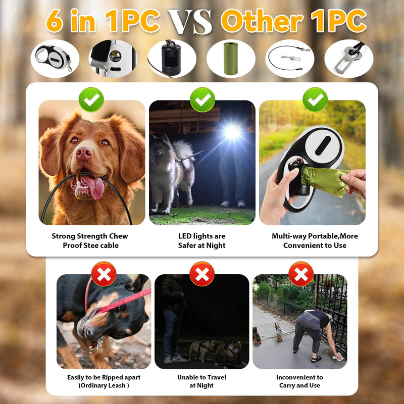 Retractable Dog Leash 16ft, 360° Tangle-Free, with Chew Proof Cable, LED Light, Dispenser, 2 Poop Bags. One Button Brake & Lock, Anti-Slip Handle, for Dogs Up to 75lbs. (White, 16ft) White - PawsPlanet Australia
