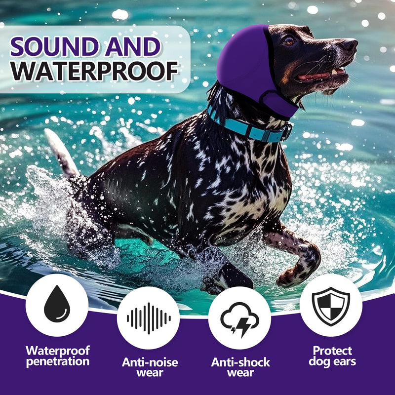 JOHNBOLIN Dog Ear Muffs & No Shake Ear Wrap for Hematoma, Bathing, Drying & Noise Anxiety Relief - Elastic Waterproof Ear Protector with Calming Hoodie Design for Grooming (Purple, L) Large(Head Circle:18"-24") Purple