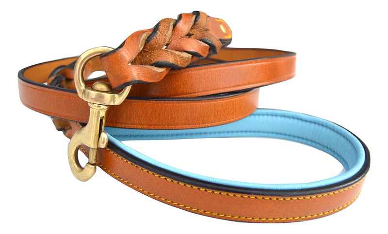 Leather Braided Dog Leash, Tan with Teal Padded Handle, 6ft x 3/4" Inch Wide, Made with Full Grain Genuine Leather - PawsPlanet Australia