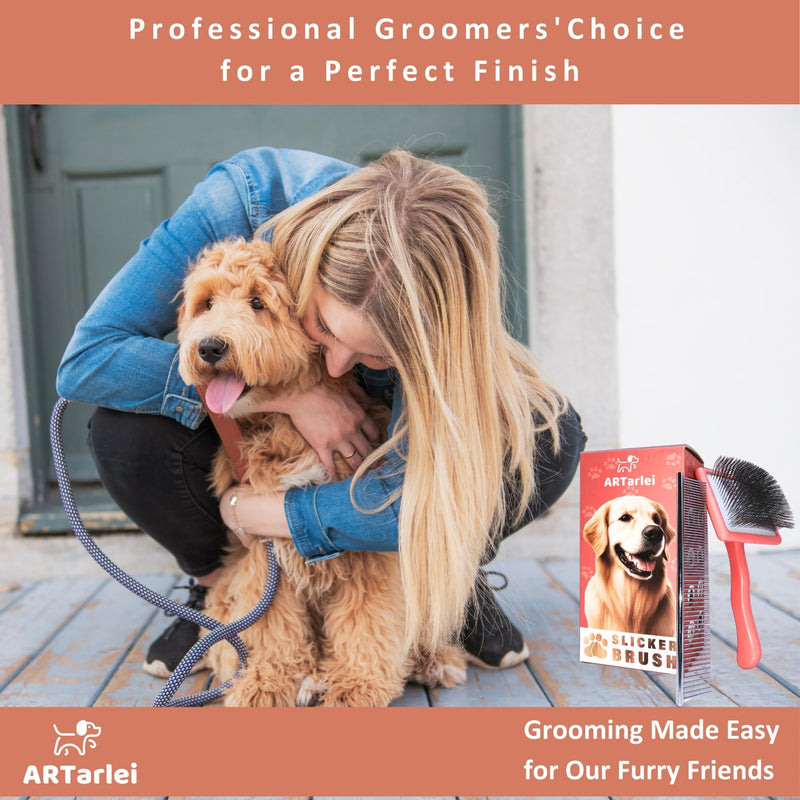2-in-1 Dog Slicker Brush & Comb for Golden Retriever & Doodle - Easy Detangling & Deshedding, Tailored for Matted Coats of Long Curly Haired Doodle Mixes - Effortless Tangle-Free Grooming Large Coral - PawsPlanet Australia
