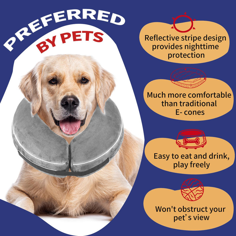 Inflatable Reflective Dog Cone Collar Alternative After Surgery,Doggie Recovery Dount Neck Ecollar,Adjustable Soft Dog Cone Collar for Small Medium Large Dogs (Grey, M) Grey Medium（10.5"-13"）