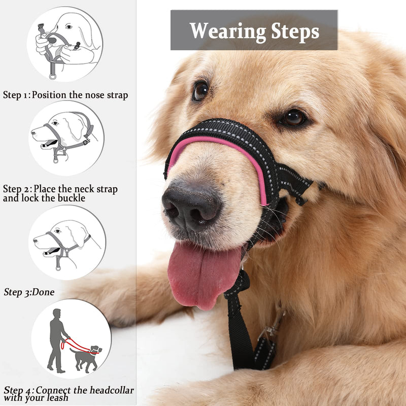 BARKLESS Dog Head Collar, No Pull Head Halter with Soft Padding, Reflective Soft Padded Snout Harness for Small and Medium Dogs Pink S (Snout Cir: 7"-10¼") - PawsPlanet Australia
