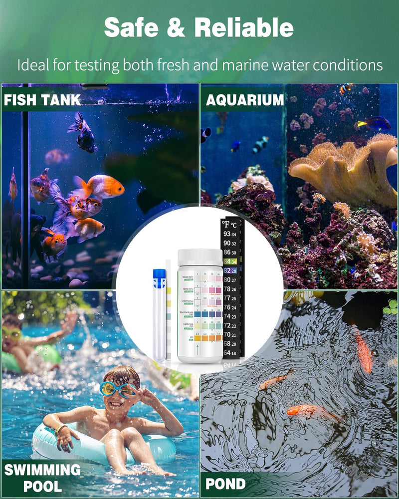 Pawfly 6 in 1 Aquarium Test Strips, 100 Strips Fish Tank Testing Strips for pH Chlorine Nitrate Nitrite Carbonate and Hardness Water Quality Freshwater Saltwater Test Kits