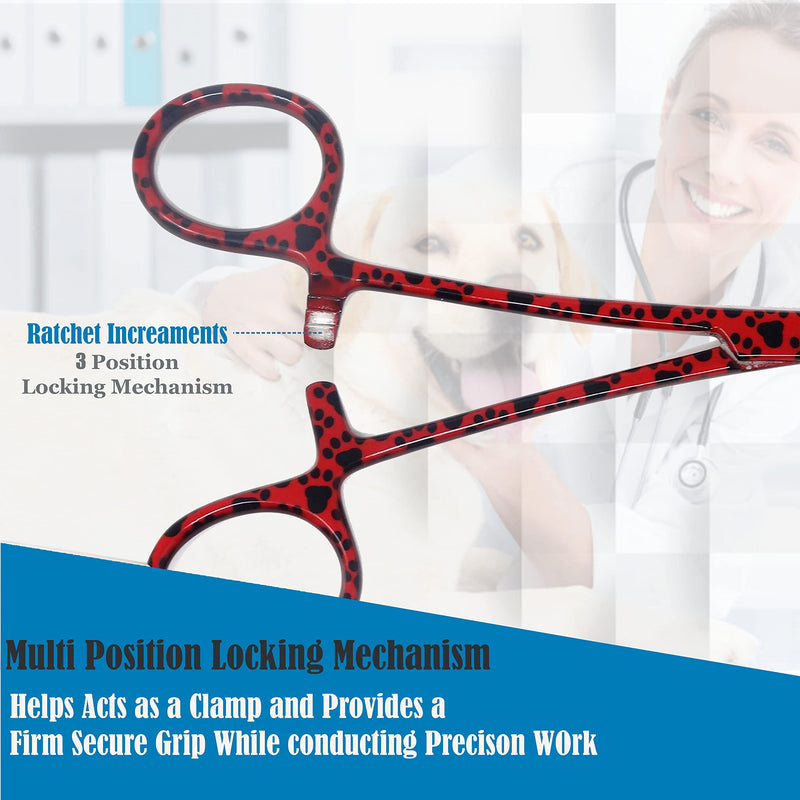 Dog Pet Ear/Nose Hair Puller Grooming Hemostat Locking Forceps Curved Pliers, 5.5" (14cm) Full Serrated Clamps Stainless Steel (Red Paws) - PawsPlanet Australia