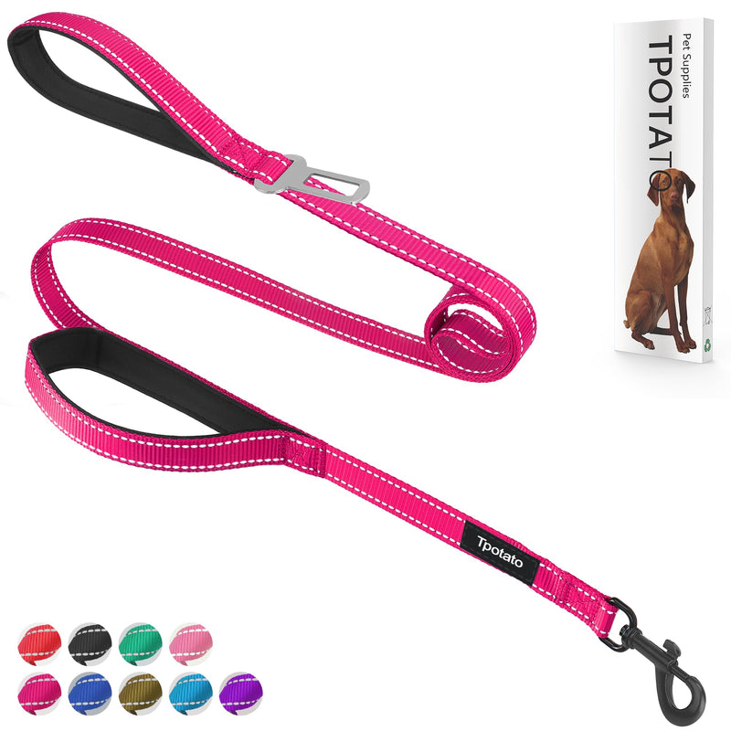 6 Foot Fuchsia Dog Leashes for Large Medium and Small Breed Dogs That Pull,Reflective Nylon Heavy Duty Dog Leash with 2 Comfortable Padded Traffic Handles and Car Seat Belt for Walking and Training