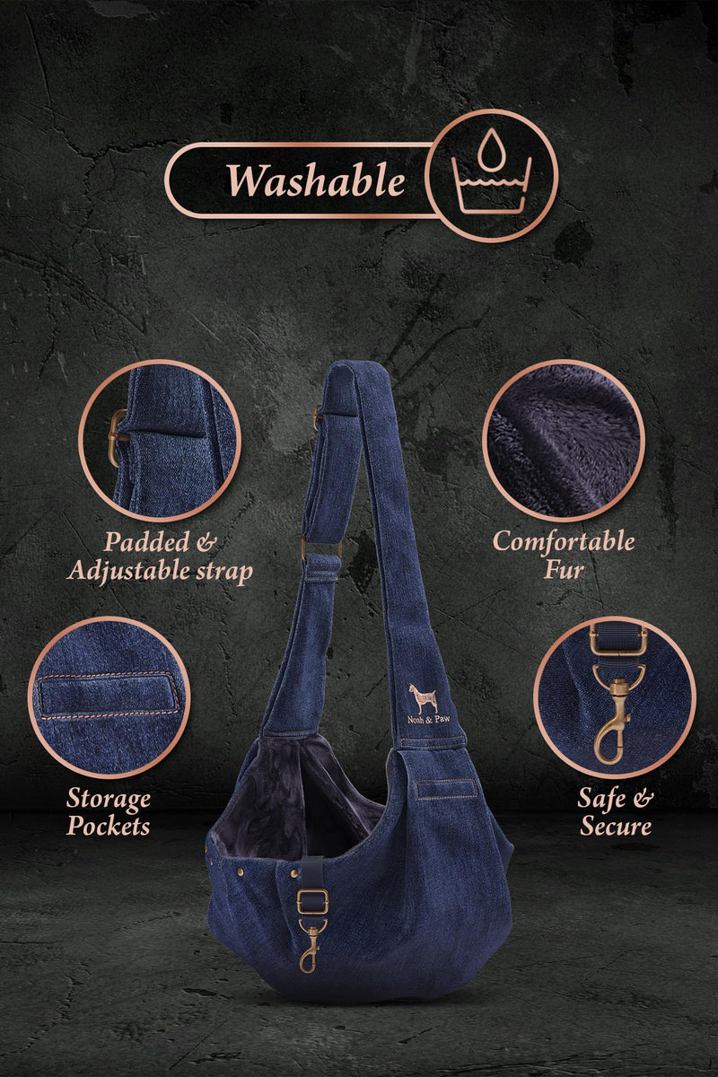 Noah & Paw Dog Sling Carrier for Small Dogs 3-10lb, Dog Sling for Small Dogs and Cats, Dog Carrier with Adjustable Padded Strap, Premium Denim, Lined with Fur, Double Safety Feature, Machine Washable Dark Blue 46 cm L x 20 cm W x 17 cm H