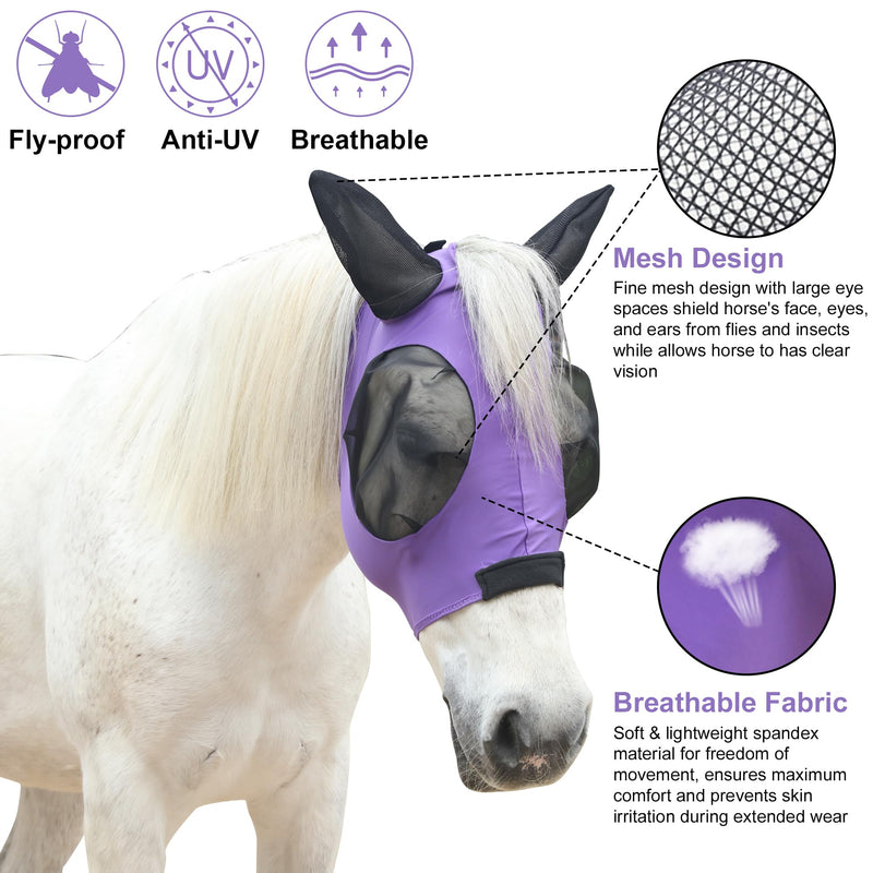 Stretchy Horse Fly Mask for Horses, Soft Lycra Equine Mesh Mask, Elasticity Horse Face Covering, Breathable&UV Protection, Violet, Cob Cob (Medium)