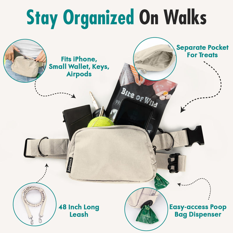 Hands Free Dog Leash with Dog Treat Pouch - Stylish & Trendy Waist Leash for Dog Walking - Wear Around The Waist or Crossbody - Durable & Detachable - Shock Absorbing - Waste Bag Dispenser Ivory - PawsPlanet Australia