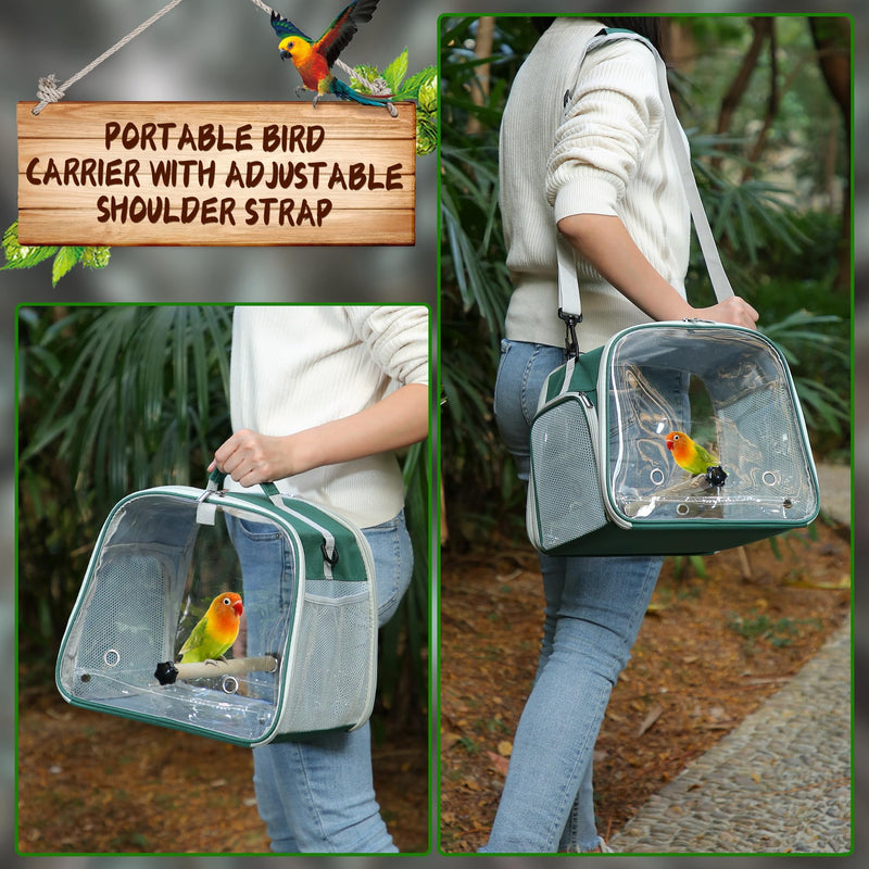 Suertree Small Bird Carrier, Large Window Travel Cage with Stand and Easy Clean Tray for Parrot Parakeet Cockatiels, Lightweight and Portable, Green