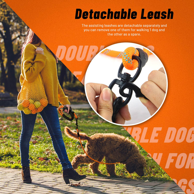 Double Dog Leash for Two Dogs, Heavy Duty Reflective Double Leashes for 2 Dogs, 360° Swivel Dual Dog Leash Tangle Free Large Dogs & Medium Dogs, with 2Pcs Dog Poop Bag Holder, Orange - PawsPlanet Australia