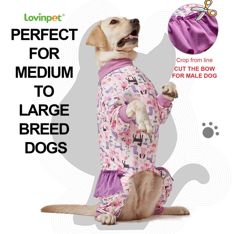LovinPet Long Sleeve Onesie for Large Dogs, High Collar Cotton Dog Shirt, Anti-Shedding, Lightweight Stretchy Knit, Stop Shedding for Dogs, Pink Puppy Print, Shirt for under dog dresses, Pet Pj's, 2XL XX-Large Pink Purple
