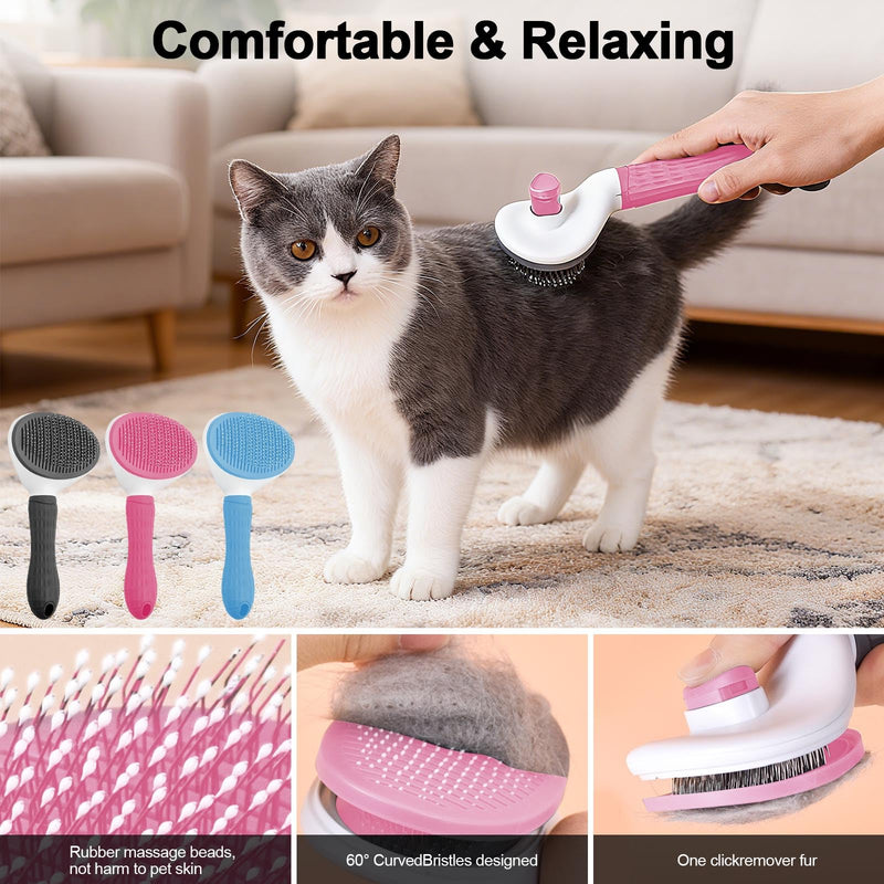 Cat Brush, Self Cleaning Slicker Brush, Skin-Friendly Grooming Tool for Cats & Dogs, Easily Removes Shedding Hair & Mats, Pet Massaging Tool for Long and Short, No Hair Build-Up, Easy to Clean Pink
