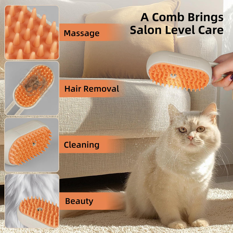 Cat Dog Hair Steam Brush: 4 in 1 Pet Grooming Tool Rechargeable Groomer Silicone Comb for Massage, Cleaning, Shedding and Combing, Anti-Static, 360° Portable Handle for Long or Short Hair Pet (Orange) Orange - PawsPlanet Australia