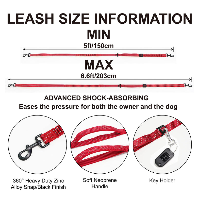 DOCO Heavy Duty Hands Free Dog Leash, Retractable Bungee for Running Walking Jogging, Training, Hiking │ Adjustable Waist Belt, Reflective Stitches, Dual Handle (Medium-Large Dogs, 20-100 lbs) Red Original - PawsPlanet Australia