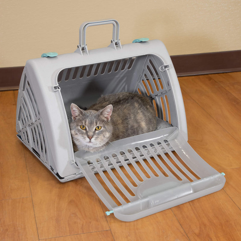 SportPet Large Hard-Sided Travel Cat Carrier - Cat Carrier with Patented Wide Side-Opening Door, Foldable Portable Pet Carrier with Removable Bed for Cats & Small Pets up to 25lbs - Gray Large Carrier w/ Bed (Gray)