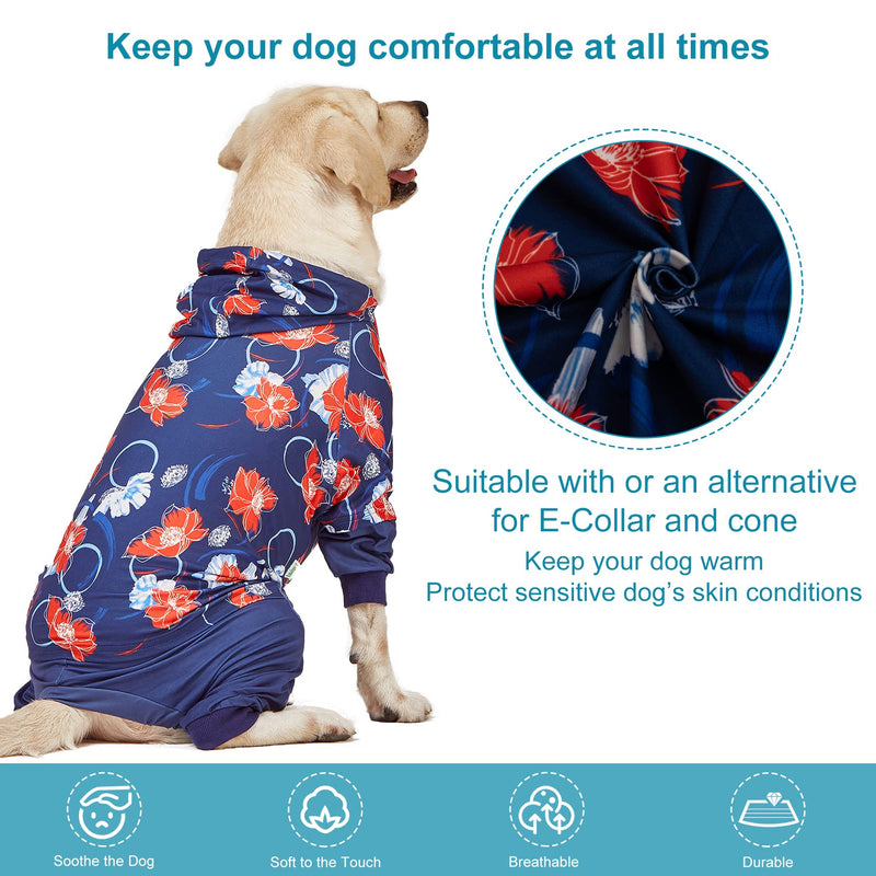 LovinPet Big Dogs Breeds Jammies, Wound Care/Post Surgery Clothes, Pet Anxiety Onesies for Dogs, Lightweight Stretchy, Large Breed Dog Pajamas, Reflective Stripe, Floral Navy & Red Print, Pet PJ's/XL X-Large Blue