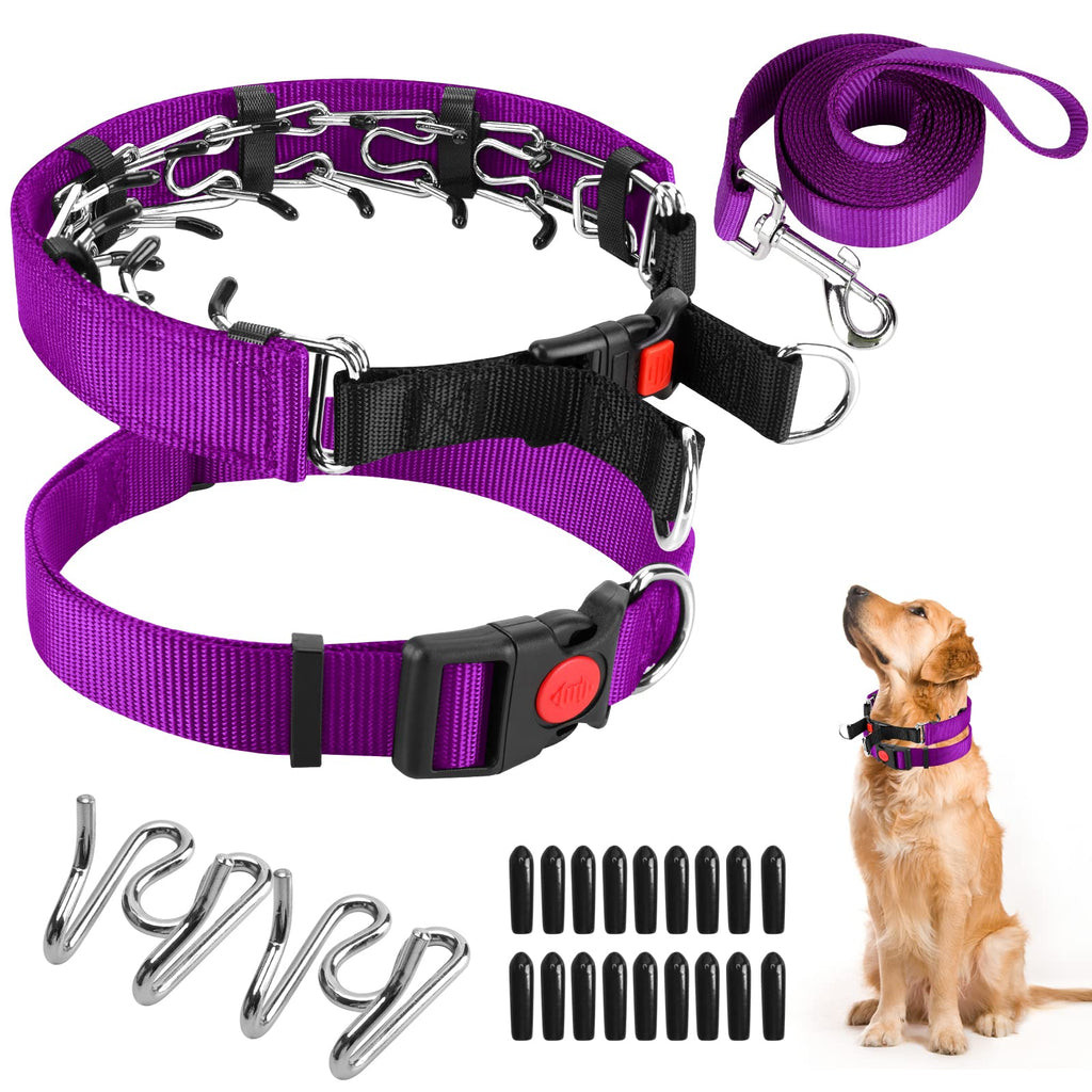 Dog Prong Training Collar, Dog Choke Pinch Collar with Nylon Cover Comfort Tips and Quick Release Snap Buckle, Dog Classic Collar and Dog Leash for Small Medium Large Dogs Large, 3.5mm, 17-21'' Neck Purple