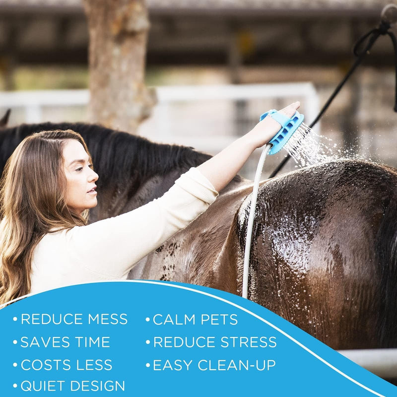 Aquapaw 5-in-1 Horse & Dog Bath Brush & Curry Comb - XL Blue Silicone - Includes 3-ft Shower Hose Attachment & Adapter - Adjustable Spray Scrub Massager - Great for Horses & Big Dogs X-Large - PawsPlanet Australia