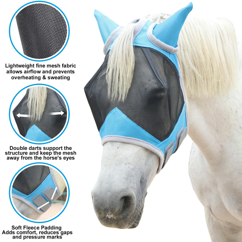 Horse Fly Mask with Ears Cover | Forelock Opening for Tangle-Free Mane Care | UV Protection & Breathable Mesh | No Rub Fit and Enhanced Visbility for Trail Riding Paleblue Pony Pale Blue