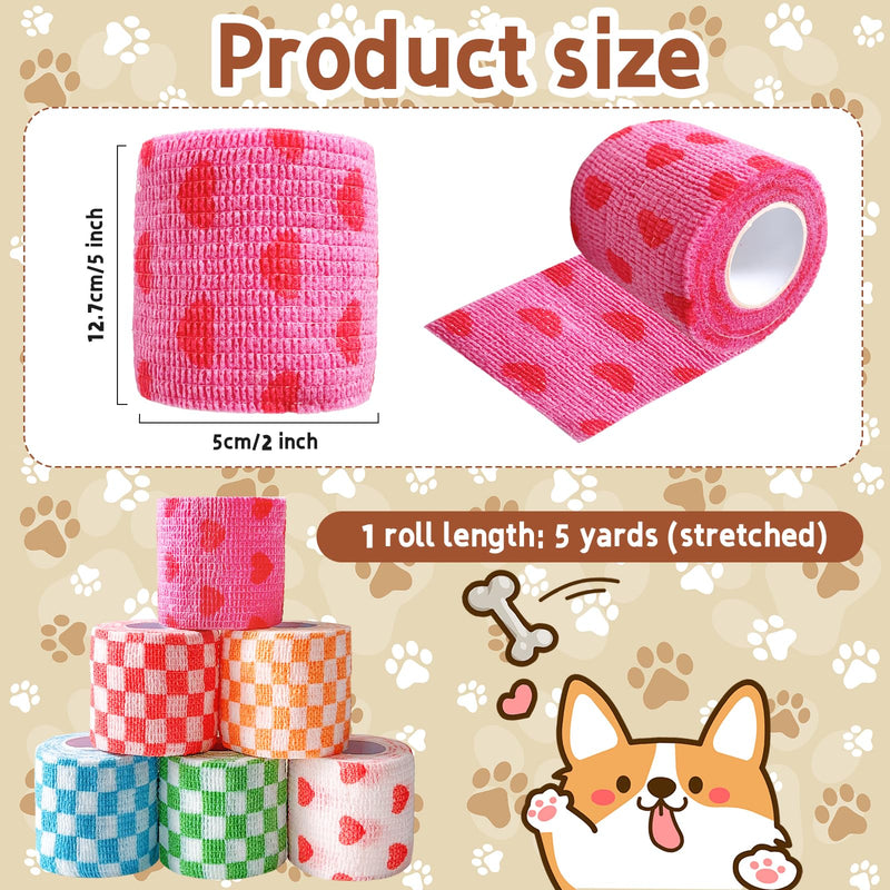 6 Pack 2 Inch x 5 Yards Checkered and Heart Print Pet Vet Wrap for Dogs, Cats, Horses, Non-Woven Self-Adhesive Cohesive Bandage Rolls for Wound Care, Ankle Sprains, Swelling, First Aid Protection