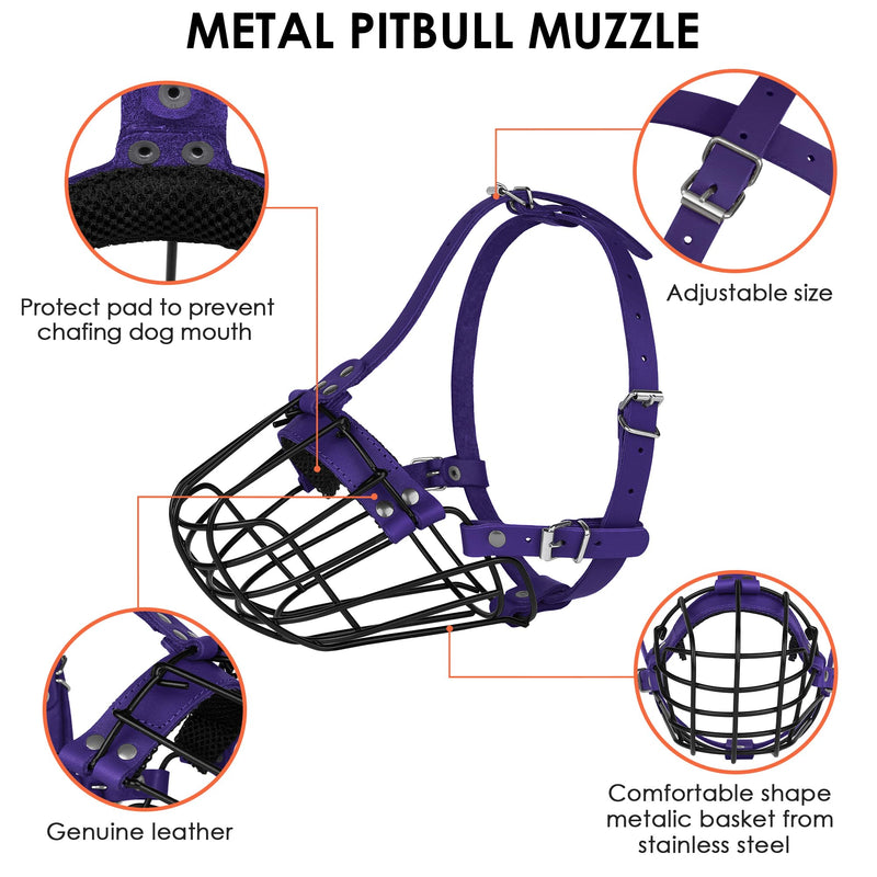 Pitbull Dog Muzzle Breathable Metal Basket for Large Dogs Amstaff Staffordshire Terrier Secure Wire Mask Adjustable Durable Leather Straps Biting Chewing Barking (Purple) Purple - PawsPlanet Australia