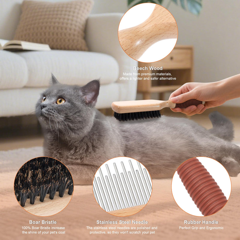 2 IN 1 Pin And Boar Bristle Brush for Dogs & Cats, Shedding Grooming Dog Brush for Short Haired Dogs, Cats, Pets with Beech Wood Rubber Handle - PawsPlanet Australia