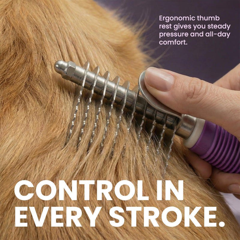Poodle Pet Dematting Fur Rake Comb Brush Tool with Long 2.5” Steel Safety Blades for Detangling Matted or Knotted Undercoat Hair, Safe Grooming Accessories for Dogs, Longhaired Cats, Rabbits, Horses