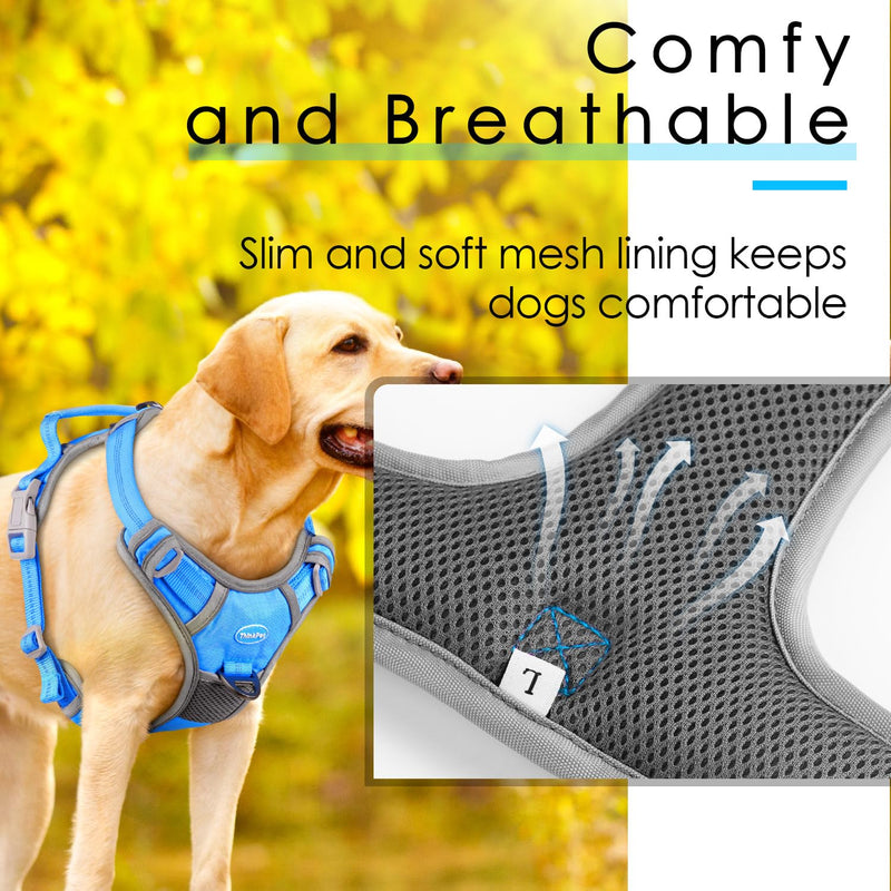 ThinkPet No Pull Harness Breathable Sport Harness with Handle-Dog Harnesses Reflective Adjustable for Medium Large Dogs,Back/Front Clip for Easy Control L Sky Blue L(Chest:19"-30") - PawsPlanet Australia