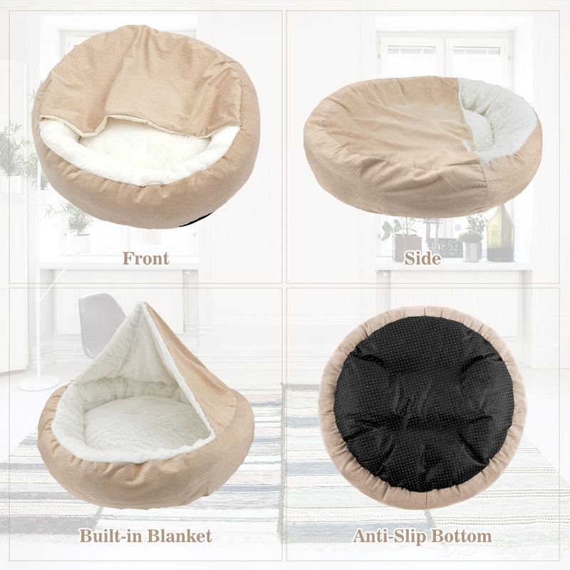 Dog Bed Warm with Hooded Blanket, Anti-Anxiety Puppy Pet Bed Cave Super Soft, Non-Slip Bottom, Machine Washable, Cozy Donut Indoor Pet Beds Fluffy for Dogs and Cats, Fits up to 26.5lbs, 23.6inch Beige S-23.6 inch - PawsPlanet Australia