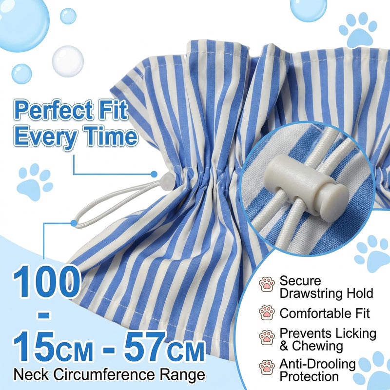 Protective collar for dogs and cats, soft striped blue recovery collar, adjustable lick protection after surgery, comfortable neck brace for pets to aid wound healing, multicolored