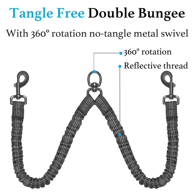 Dog Leash for 2 Dogs, Double Dog Leash with Tangle Free Swivel and Reflective Bungee for Dual Small Medium Large Dogs (5~18 lbs, Black) Weight (5~18 lbs.) - PawsPlanet Australia