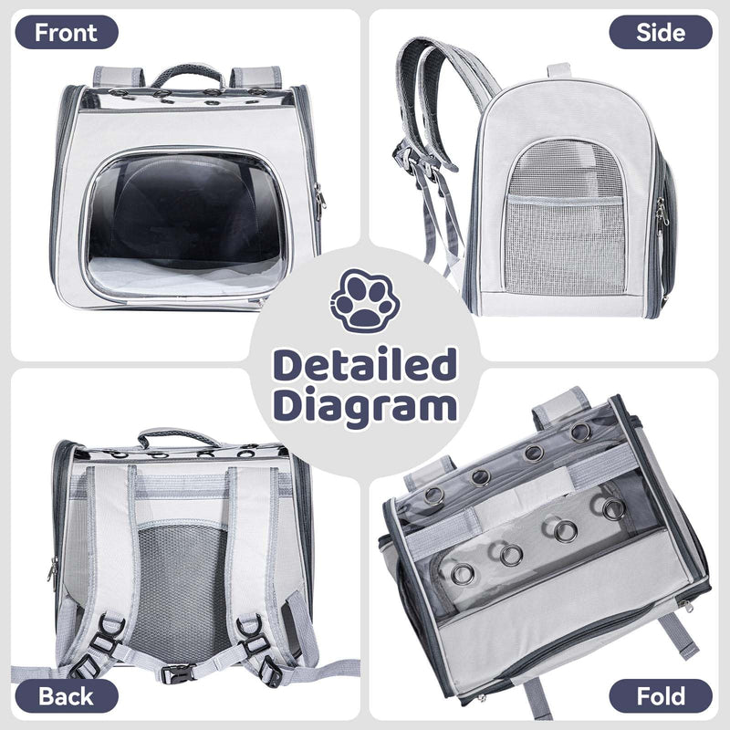 Innovative Traveler Backpack Pet Carriers Cat Backpack with Breathable Mesh Puppy Travel Carrier with Soft Padded Reinforced Support Foldable Small Dog Carrying Backpack for Kitty up to 15lbs (Grey) Grey