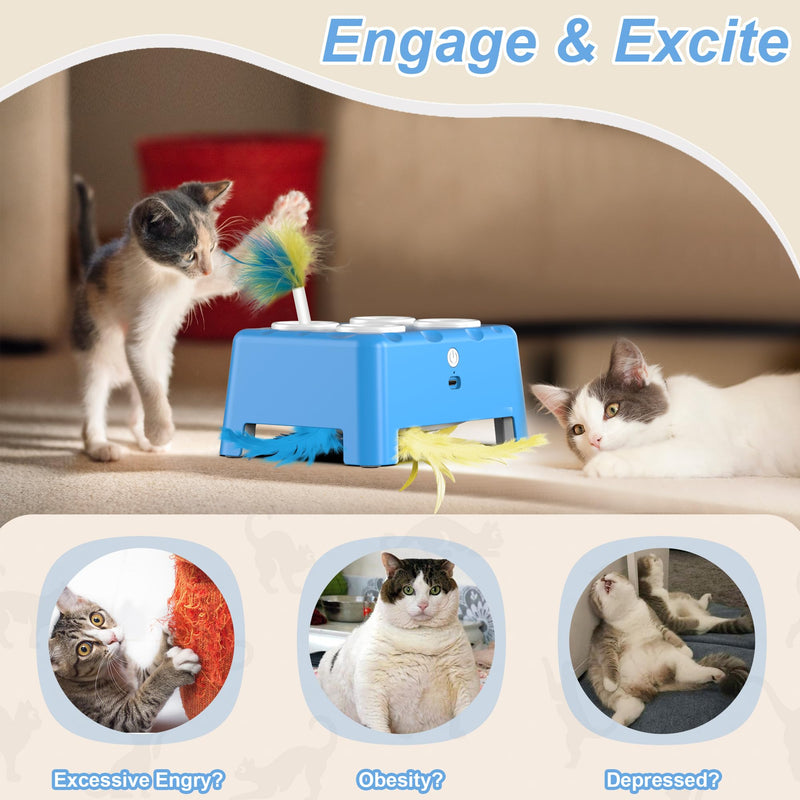 Interactive Cat Toys, 2-in-1 Automatic Cat Toy, 4 Holes Mice Whack A Mole Cat Mouse Toy with Moving Feather, Portable USB Rechargeable Electronic Kitten Toys (Blue) Blue - PawsPlanet Australia