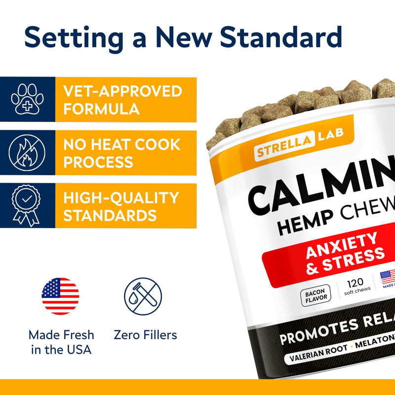 Hemp Calming Chews for Dogs - Dog Calming Treats - Anxiety Relief Treats - Dog Calming Chews - Stress - Sleep Calming Aid - Health & Wellness Supplements for Dog Separation Barking - 120 Treats 120 Ct (Bacon) (CALMING) Hemp Chews